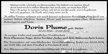 Traueranzeige von Doris Plume von Thüringer Allgemeine, Thüringische Landeszeitung