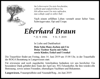 Traueranzeige von Eberhard Braun von Thüringer Allgemeine
