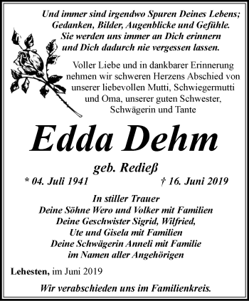 Traueranzeige von Edda Dehm von Ostthüringer Zeitung