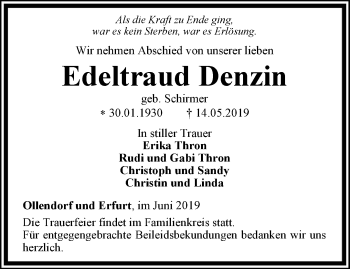 Traueranzeige von Edeltraud Denzin von Thüringer Allgemeine, Thüringische Landeszeitung