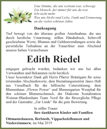 Traueranzeige von Edith Riedel von Thüringer Allgemeine, Thüringische Landeszeitung