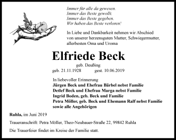 Traueranzeige von Elfriede Beck von Thüringer Allgemeine, Thüringische Landeszeitung