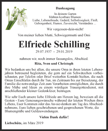 Traueranzeige von Elfriede Schilling von Ostthüringer Zeitung