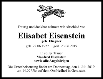 Traueranzeige von Elisabet Eisenstein von Ostthüringer Zeitung
