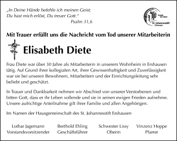 Traueranzeige von Elisabeth Diete von Thüringer Allgemeine