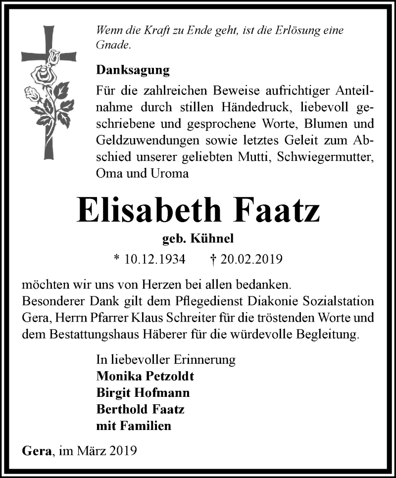  Traueranzeige für Elisabeth Faatz vom 16.03.2019 aus Ostthüringer Zeitung