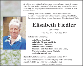 Traueranzeige von Elisabeth Fiedler von Thüringer Allgemeine