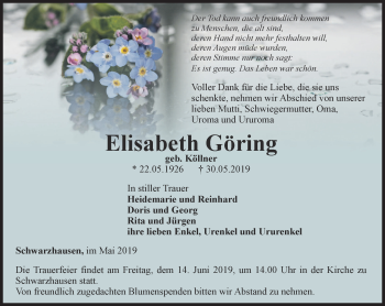 Traueranzeige von Elisabeth Göring von Ostthüringer Zeitung, Thüringische Landeszeitung