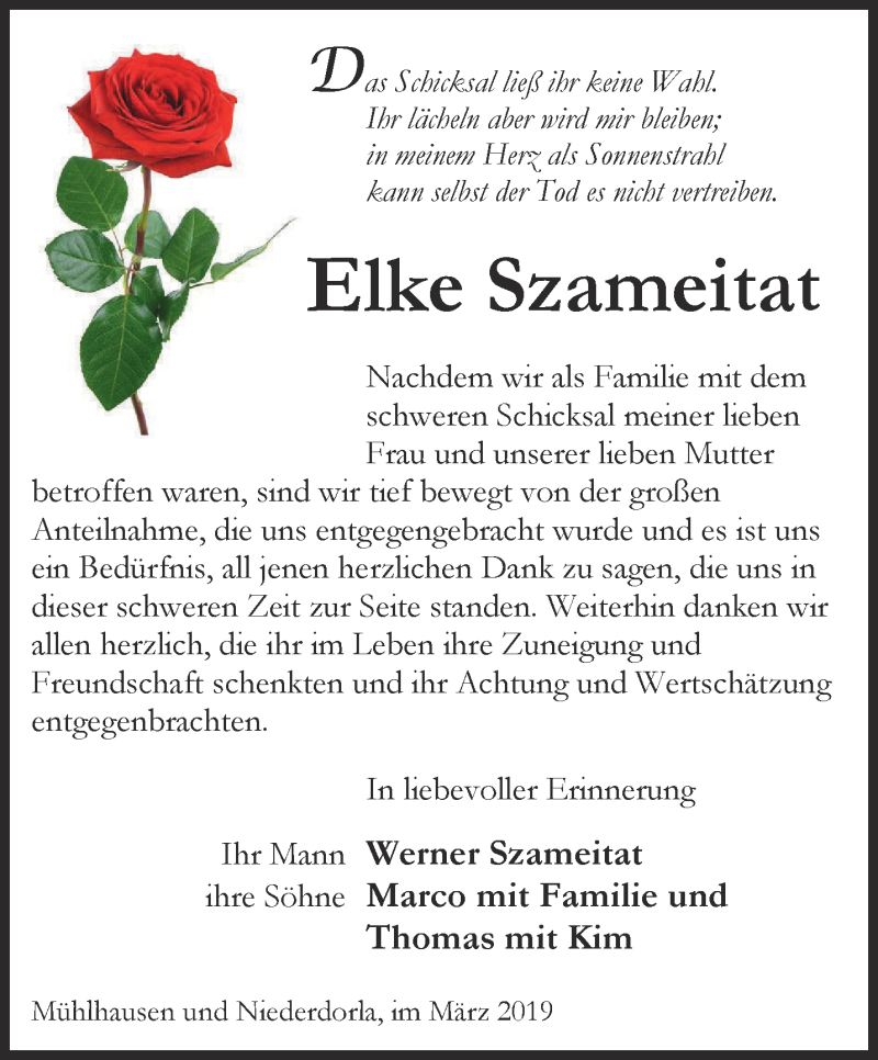  Traueranzeige für Elke Szameitat vom 16.03.2019 aus Thüringer Allgemeine, Thüringische Landeszeitung
