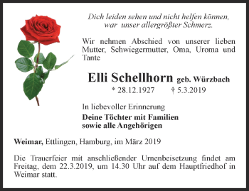 Traueranzeige von Elli Schellhorn von Thüringer Allgemeine, Thüringische Landeszeitung
