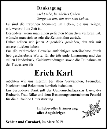 Traueranzeige von Erich Karl von Ostthüringer Zeitung