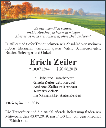 Traueranzeige von Erich Zeiler von Thüringer Allgemeine