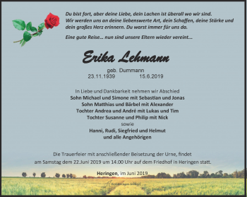 Traueranzeige von Erika Lehmann von Thüringer Allgemeine