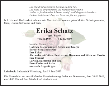 Traueranzeige von Erika Schatz von Thüringer Allgemeine