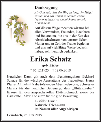 Traueranzeige von Erika Schatz von Thüringer Allgemeine