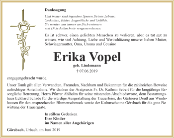 Traueranzeige von Erika Vopel von Thüringer Allgemeine