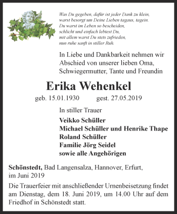 Traueranzeige von Erika Wehenkel von Thüringer Allgemeine, Thüringische Landeszeitung