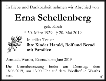 Traueranzeige von Erna Schellenberg von Thüringer Allgemeine, Thüringische Landeszeitung