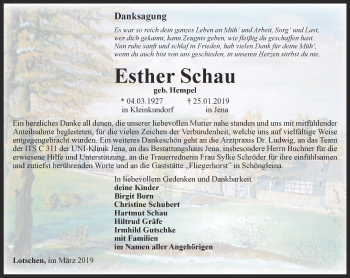 Traueranzeige von Esther Schau von Ostthüringer Zeitung