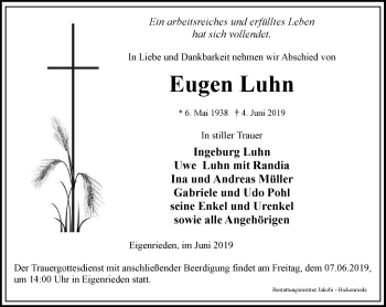 Traueranzeige von Eugen Luhn von Thüringer Allgemeine, Thüringische Landeszeitung