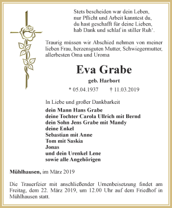 Traueranzeige von Eva Grabe von Thüringer Allgemeine, Thüringische Landeszeitung