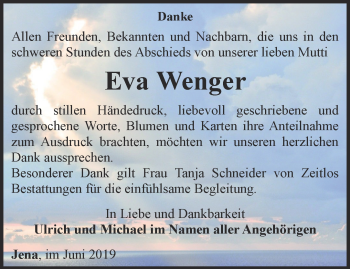 Traueranzeige von Eva Wenger von Ostthüringer Zeitung, Thüringische Landeszeitung