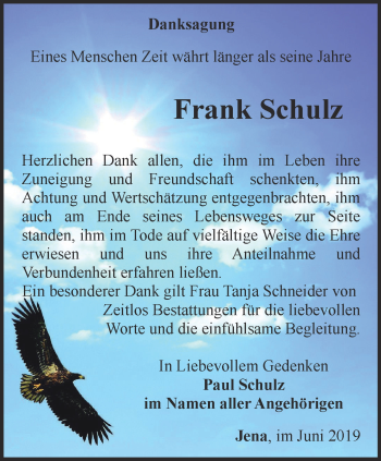 Traueranzeige von Frank Schulz von Ostthüringer Zeitung, Thüringische Landeszeitung