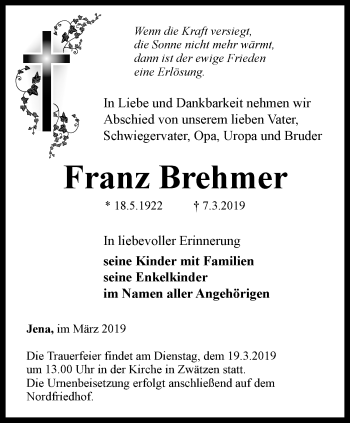 Traueranzeige von Franz Brehmer von Ostthüringer Zeitung, Thüringische Landeszeitung