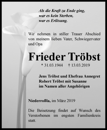 Traueranzeige von Frieder Tröbst von Thüringer Allgemeine, Thüringische Landeszeitung