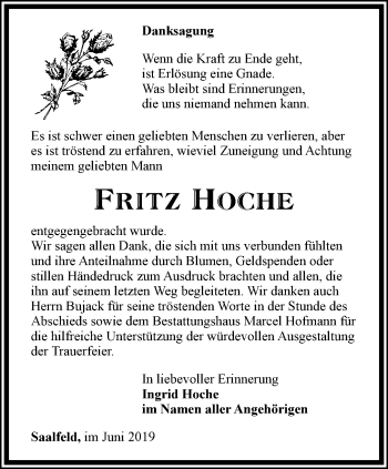 Traueranzeige von Fritz Hoche von Ostthüringer Zeitung
