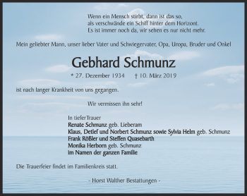 Traueranzeige von Gebhard Schmunz von Thüringer Allgemeine, Thüringische Landeszeitung