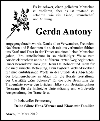 Traueranzeige von Gerda Antony von Thüringer Allgemeine, Thüringische Landeszeitung