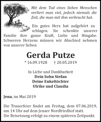 Traueranzeige von Gerda Putze von Ostthüringer Zeitung, Thüringische Landeszeitung