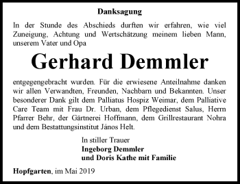Traueranzeige von Gerhard Demmler von Thüringer Allgemeine, Thüringische Landeszeitung