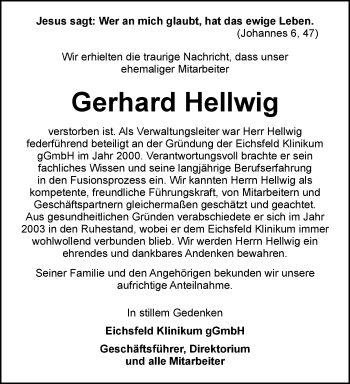 Traueranzeige von Gerhard Hellwig von Thüringer Allgemeine