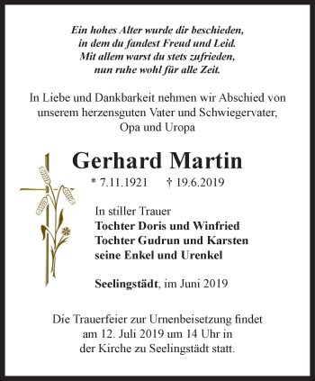 Traueranzeige von Gerhard Martin von Ostthüringer Zeitung