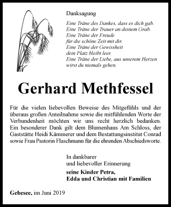 Traueranzeige von Gerhard Methfessel von Thüringer Allgemeine, Thüringische Landeszeitung