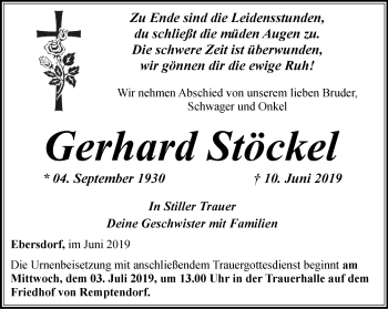 Traueranzeige von Gerhard Stöckel von Ostthüringer Zeitung