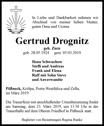 Traueranzeige von Gertrud Drognitz von Ostthüringer Zeitung
