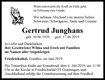 Traueranzeige von Gertrud Junghans von Thüringer Allgemeine