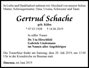 Traueranzeige von Gertrud Schache von Thüringer Allgemeine