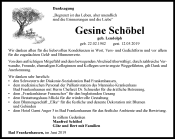 Traueranzeige von Gesine Schöbel von Thüringer Allgemeine