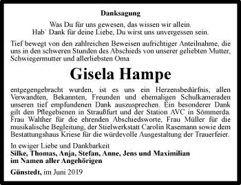Traueranzeige von Gisela Hampe von Thüringer Allgemeine
