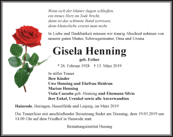 Traueranzeige von Gisela Henning von Thüringer Allgemeine