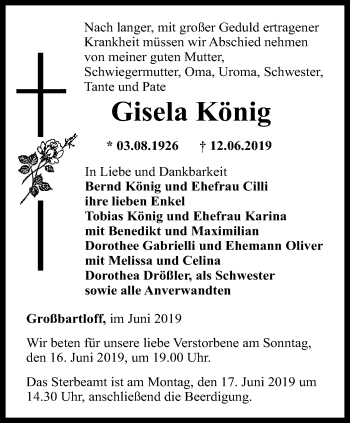 Traueranzeige von Gisela König von Thüringer Allgemeine