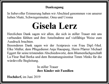 Traueranzeige von Gisela Lerz von Thüringer Allgemeine, Thüringische Landeszeitung