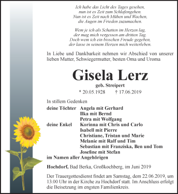Traueranzeige von Gisela Lerz von Thüringer Allgemeine, Thüringische Landeszeitung