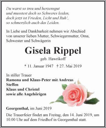 Traueranzeige von Gisela Rippel von Ostthüringer Zeitung, Thüringische Landeszeitung