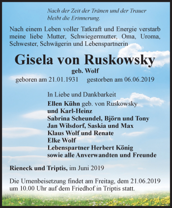 Traueranzeige von Gisela von Ruskowsky