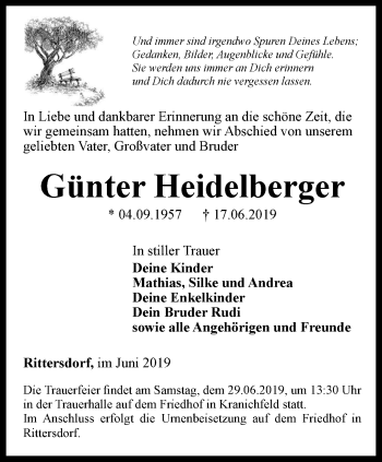 Traueranzeige von Günter Heidelberger von Thüringer Allgemeine, Thüringische Landeszeitung